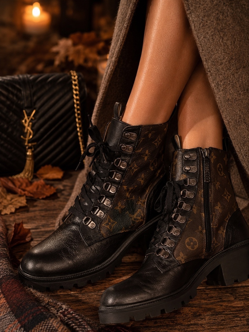 Louis Vuitton Black and Brown Monogram Lace-Up Combat Boots